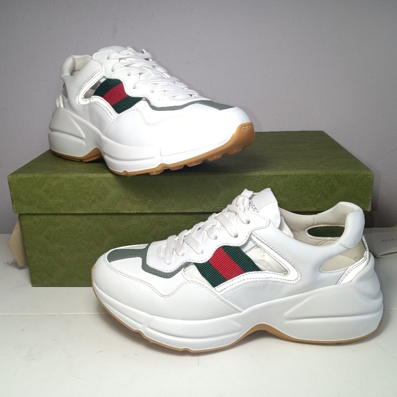 NEW GUCCI RHYTON EVOLUTION CUT-OUT SNEAKERS WHITE WEB LOGO SZ 38.5 - Picture 5 of 16